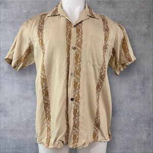 Kanebo Shirt Men’s Large Pure Silk Japanese Tan Paisley Button Up (224)